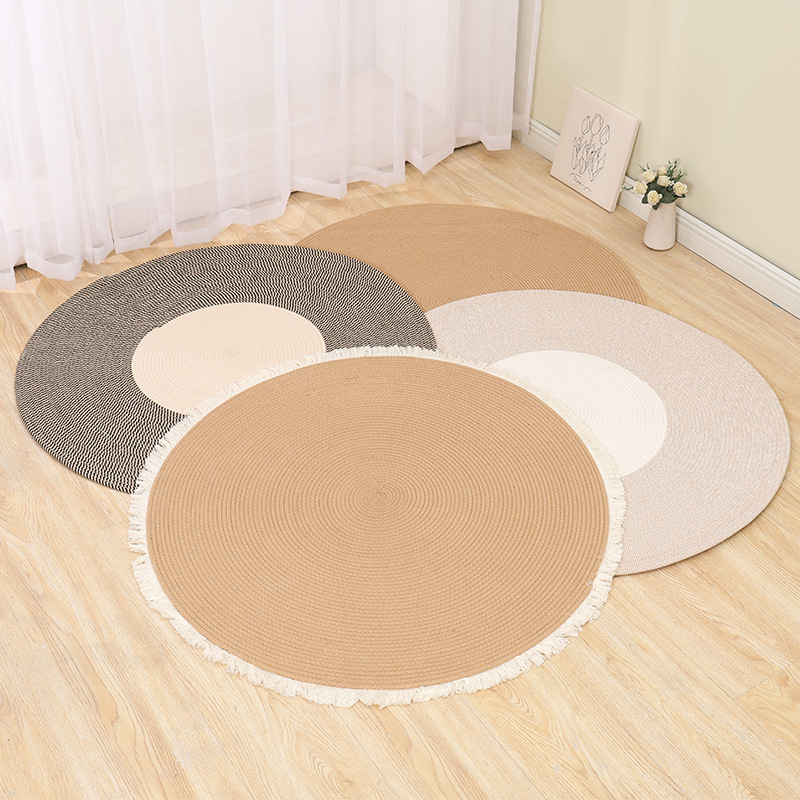 Alfombra de cuerda de algodón nórdico personalizada transfronteriza borla alfombra redonda de yute tejida alfombra de balcón del dormitorio del hogar