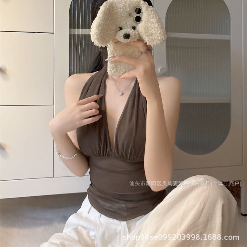 Trendy Retro Hottie Sexy Halter Neck Sleeveless Vest Women's Summer Outerwear Slim Fit Short Mesh Top Trendy Retro Hottie Sexy Halter Neck Sleeveless Vest Women's Summer Outerwear Slim Fit Short Mesh Top