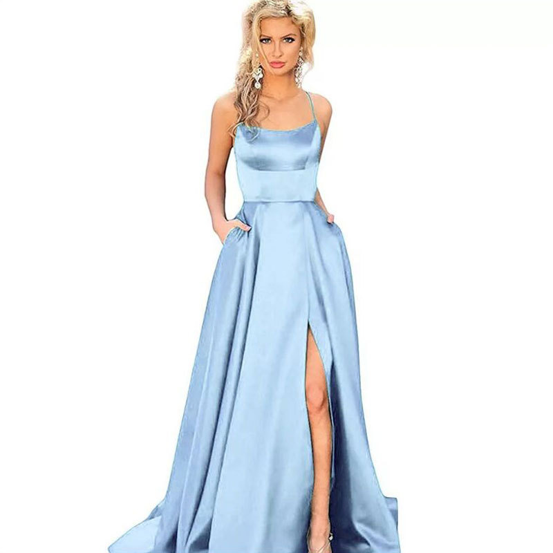 El Comercio exterior europeo y americano Amazon AliExpress deseo vestido de noche de las mujeres sexy Correa simple satén vestido largo