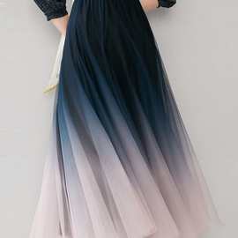 跨境外贸出口松紧腰秋冬春夏中长裙网纱高腰大摆A字渐变半身裙
