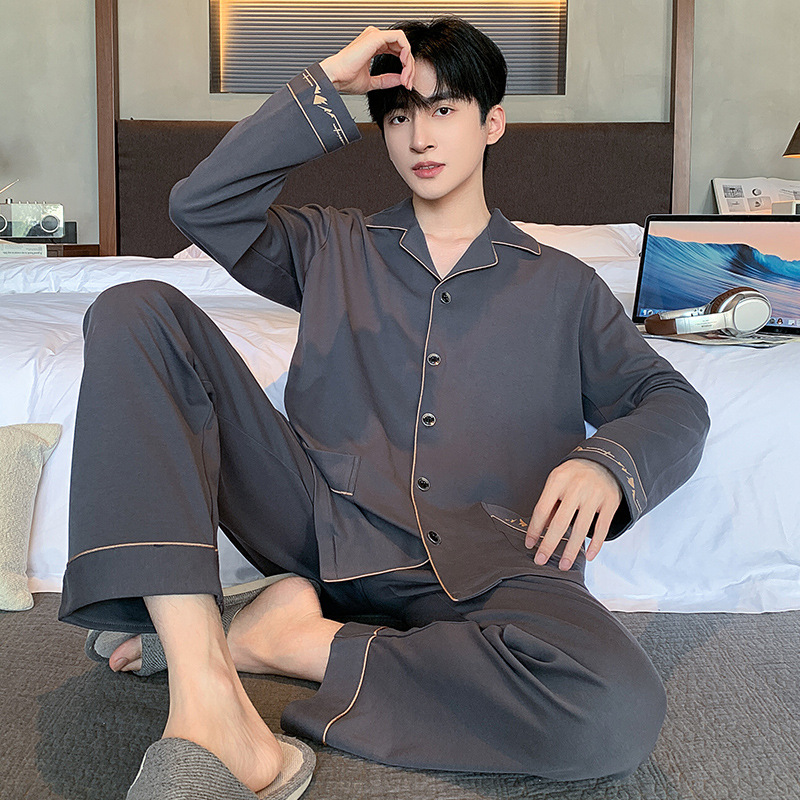 2025 新しいパジャマメンズ秋と冬の綿ルーズ長袖カーディガンラペルハイエンドホームウェアセット