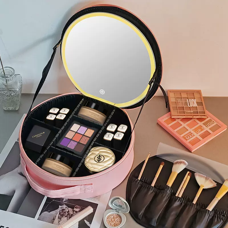 定制圆形化妆包带镜子LED灯化妆品收纳盒妆化妆箱手提便携旅行包