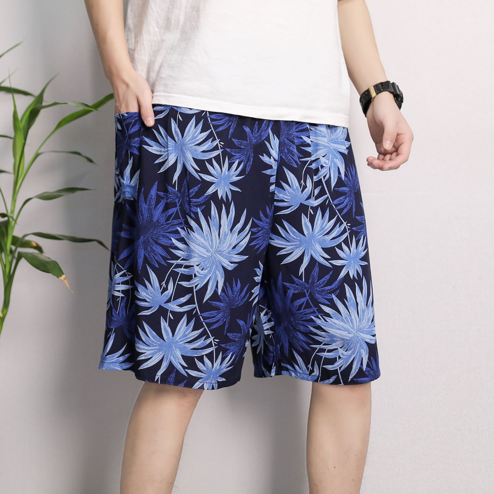 Pantalones cortos de algodón artificial para hombres de verano, pantalones, pantalones de playa, pijamas de seda, pantalones para el hogar, más gordos y pantalones casuales