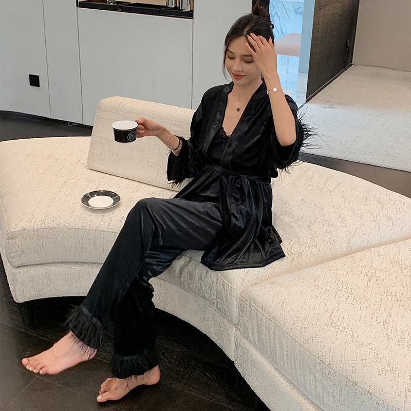 Velvet Pajamas for Women, All-Season Sexy Camisole Long Pants Robe, New Three-Piece Set with a High-End Feel, Ostrich Feather Loungewear Velvet Pajamas for Women, All-Season Sexy Camisole Long Pants Robe, New Three-Piece Set with a High-End Feel, Ostrich Feather Loungewear