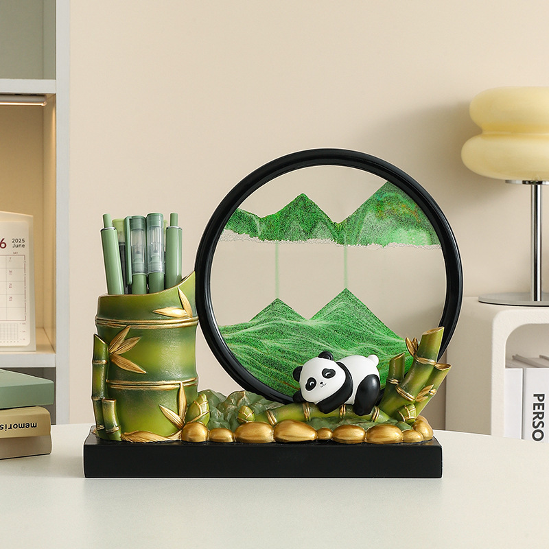 Creative New Panda Pen Holder 3D Quicksand Painting Living Room Decoration Office Wine Cabinet Resin Ornaments Craft Gifts
