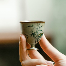 复古釉纯手绘青竹个人杯高足主人杯单杯品茗杯陶瓷功夫茶杯女