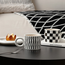 简约黑白陶瓷杯带盖大耳杯创意杯子早餐杯牛奶杯水杯波纹斑点方格