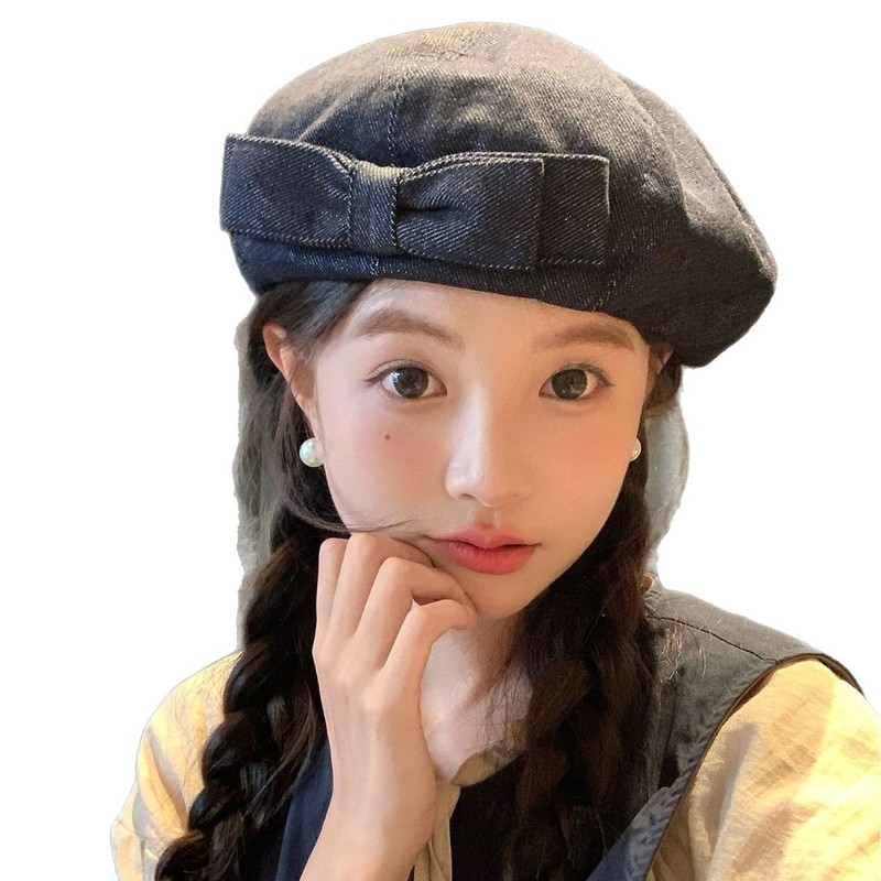 早秋甜美百搭蝴蝶结贝雷帽女复古文艺牛仔简约八角帽报童画家帽子|undefined