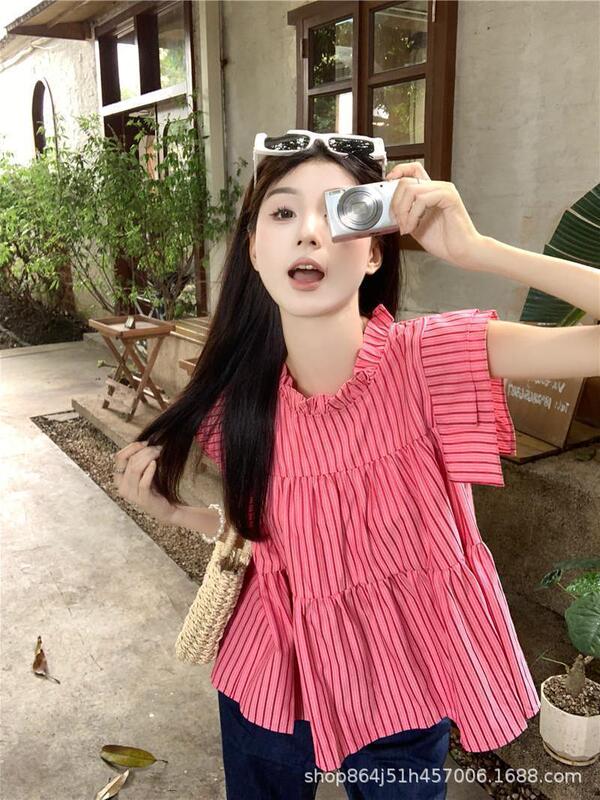New Style Simple Loose Flying Sleeve Class Clothes Shirt Women's Summer Loose Slimming Casual Striped Top Clothes Women's Summer