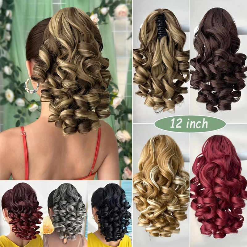Short Ponytail Wig with Roman Curls, Natural-Looking Synthetic Fiber, Wavy, High-Temperature Silk Wig for Export to Europe and America