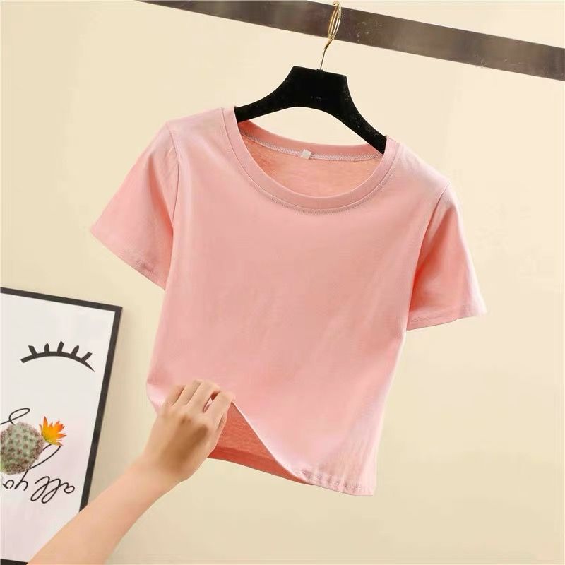 INS Camiseta corta de manga corta ropa de verano de las mujeres con fugas en el ombligo slim fit camisa de fondo corta cintura alta color sólido deportes top