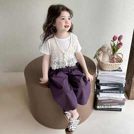 女童夏日休闲背心上衣短袖三件套中小童夏季新款时尚气质裤套装潮