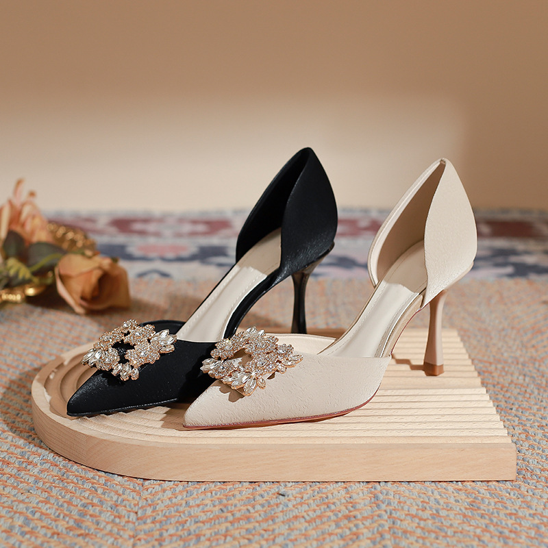 Two Wear Wedding Shoes Spring New Pointed Single Shoes Women's Thin Heel Crystal Square Buckle Hollow High Heel Bridesmaid Shoes_voghion.com