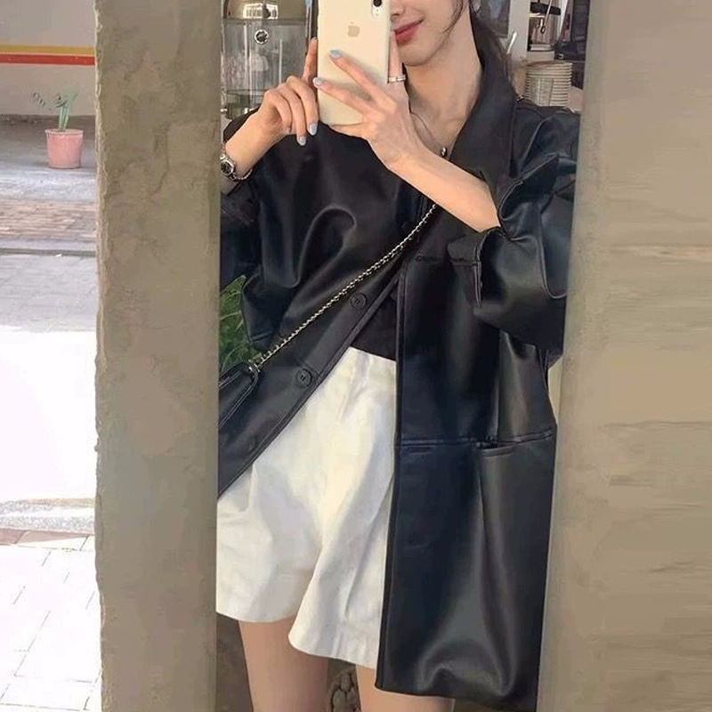 Black Leather Jacket for Women Autumn 2025 New Hong Kong Style Motorcycle Trendy American Retro Faux Leather Jacket Top