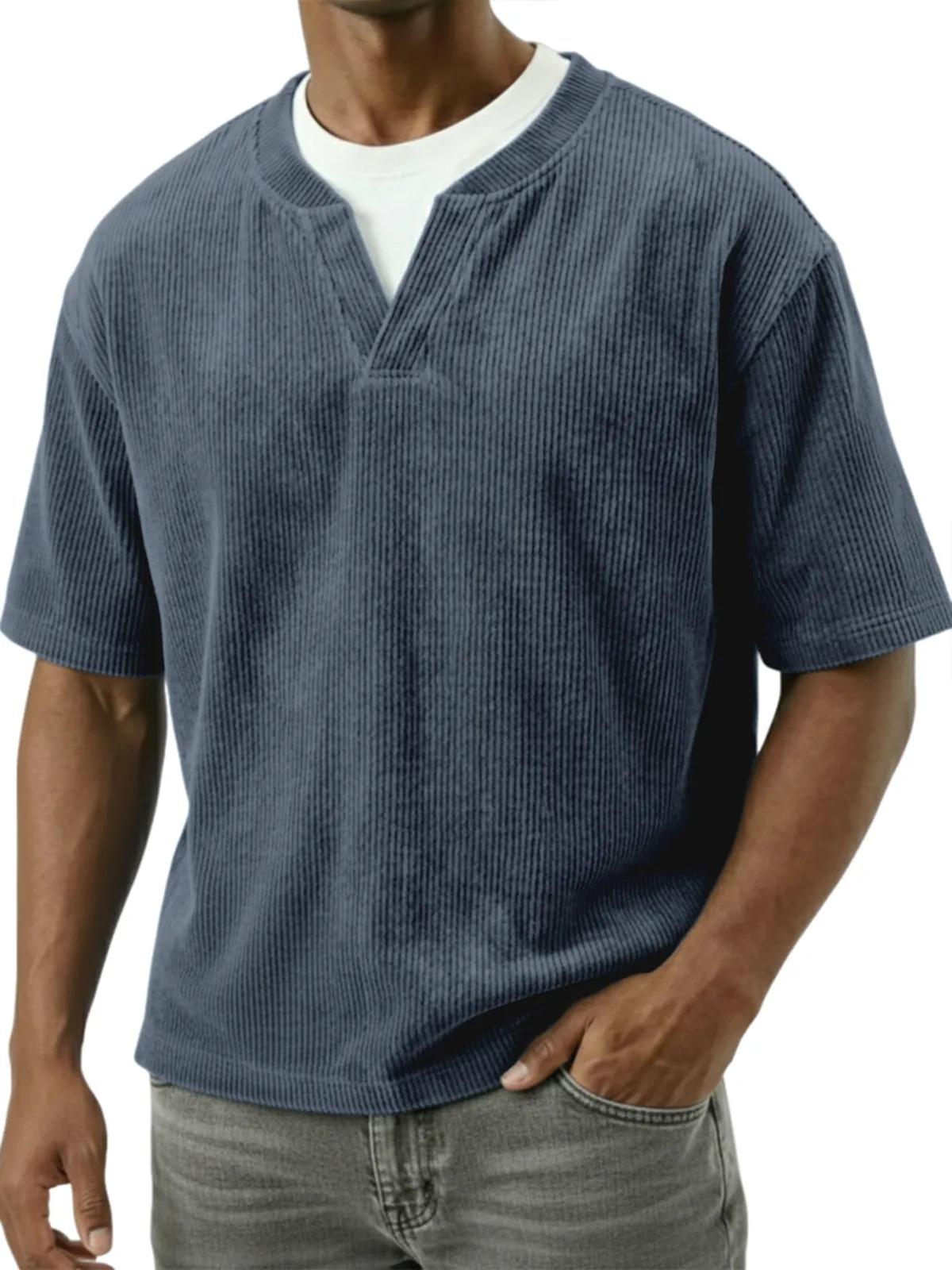T-shirt uomo casual in velluto a coste con doppio collo_voghion.com