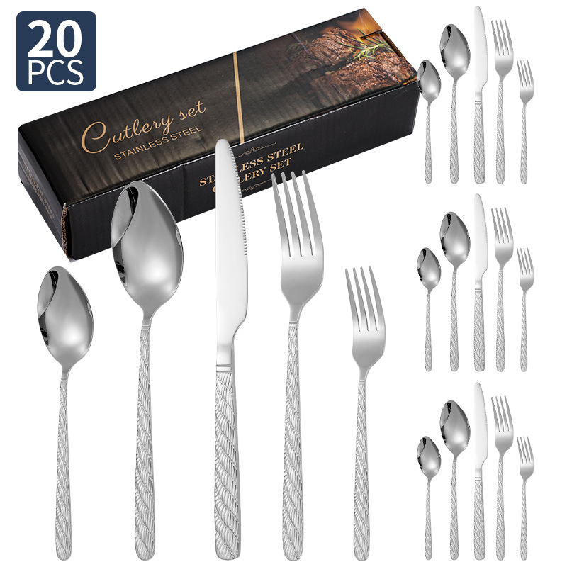 Vajilla de acero inoxidable de Amazon, bistec, cuchillo, tenedor, cuchara, cuerda de cáñamo, juego de 20/24/30 piezas, juego de cuchillo y tenedor de comida occidental de hotel