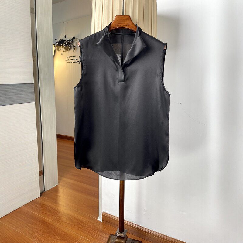 Silk Organza Slightly Sheer Sleeveless Vest Top for Women, Summer Thin Style, Straight Cut, Slimming, Tummy-Concealing, Half-Open Collar Shirt Silk Organza Slightly Sheer Sleeveless Vest Top for Women, Summer Thin Style, Straight Cut, Slimming, Tummy-Concealing, Half-Open Collar Shirt
