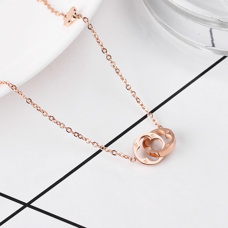 Double Ring Clover Style Titanium Steel Necklace For Women_voghion.com
