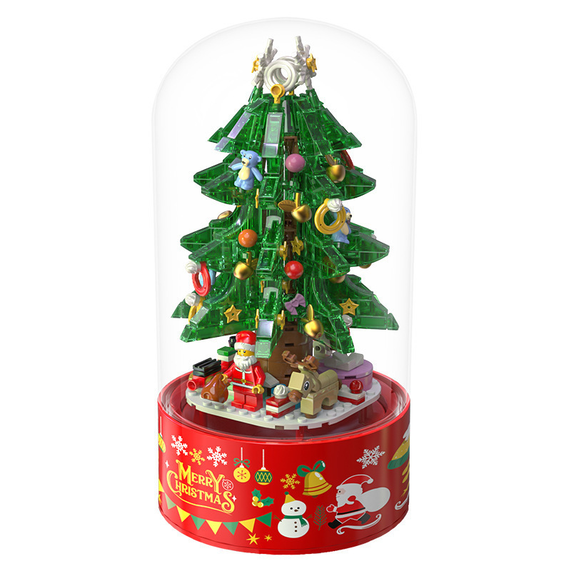 Compatible con la nieve flotante árbol de Navidad alta caja de música giratoria ensamblaje bloques de construcción juguetes para niños y niñas regalos de Navidad