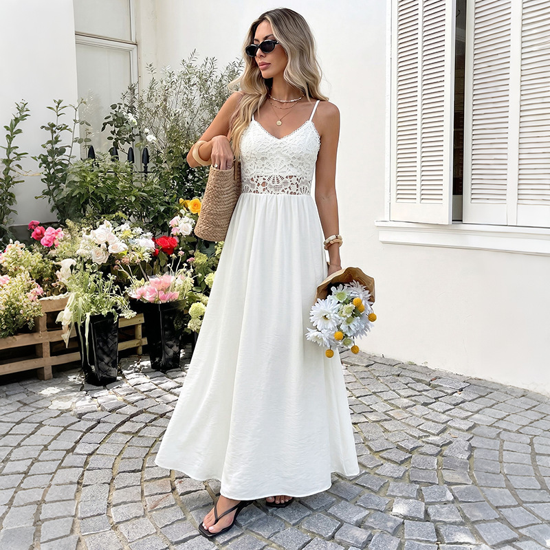Temu European and American Style 2026 Summer New Gentle Vacation Style Long Dress White Crochet Embroidered Patchwork Strap Dress