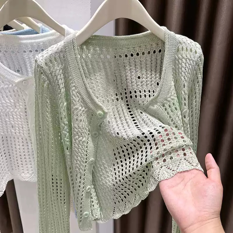 女性用日焼け止めカーディガン、薄い中空ニットショートブラウス、小さなショール、サマーサスペンダースカートジャケット|undefined