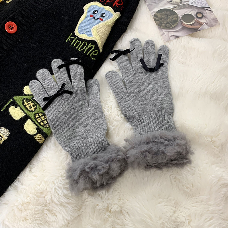 Guantes de punto para mujeres otoño y invierno nuevos guantes de caballo de cordero calientes lindos de moda borde de arco estudiantes de cinco dedos