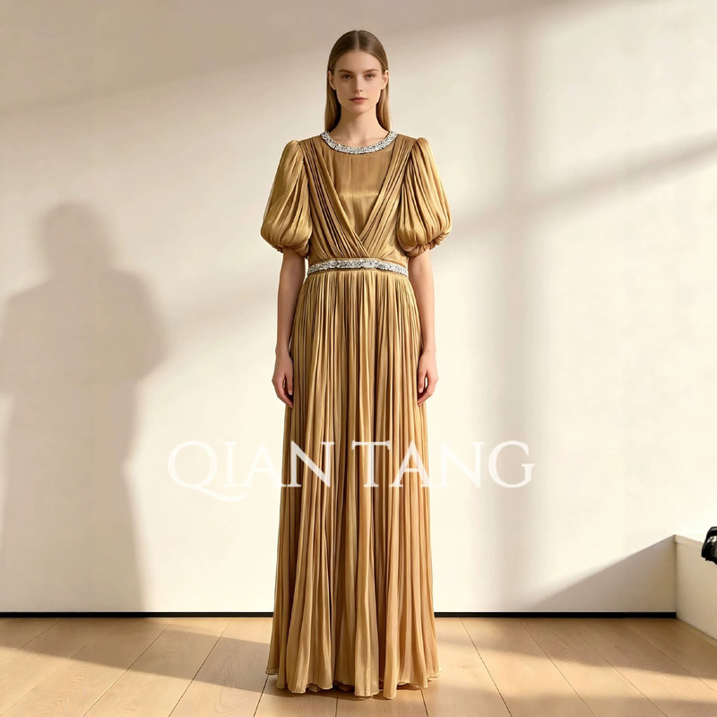 Fashionable Bohemian Style Dress for Women 2026 Summer with Rhinestone Embellishments, Puff Sleeves, Tie-Dye Design, and Spliced Long Skirt