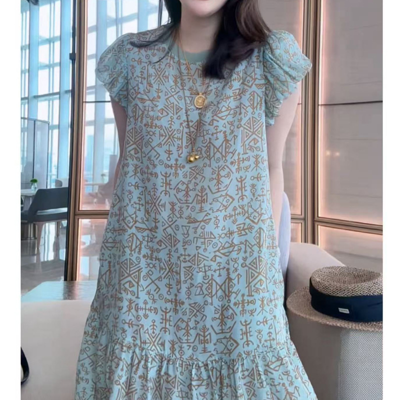 ヨーロッパ製品 2025 新しい夏の模擬シルクラウンドネックシンボルプリント気質マルベリーシルク婦人服ドレス半袖トレンディ|undefined