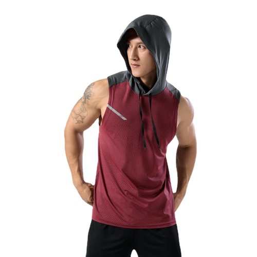 Adult Hooded Sleeveless T-Shirt Men Striped Sporty Casual Quick-Dry Top Fitness Running Backless Shirt