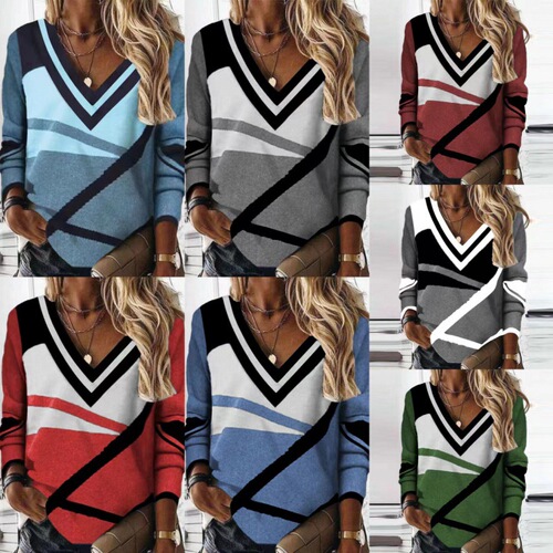 New European and American cross-border women's clothing style Amazon AliExpress V-neck contrasting geometric print style loose long-sleeved sweater