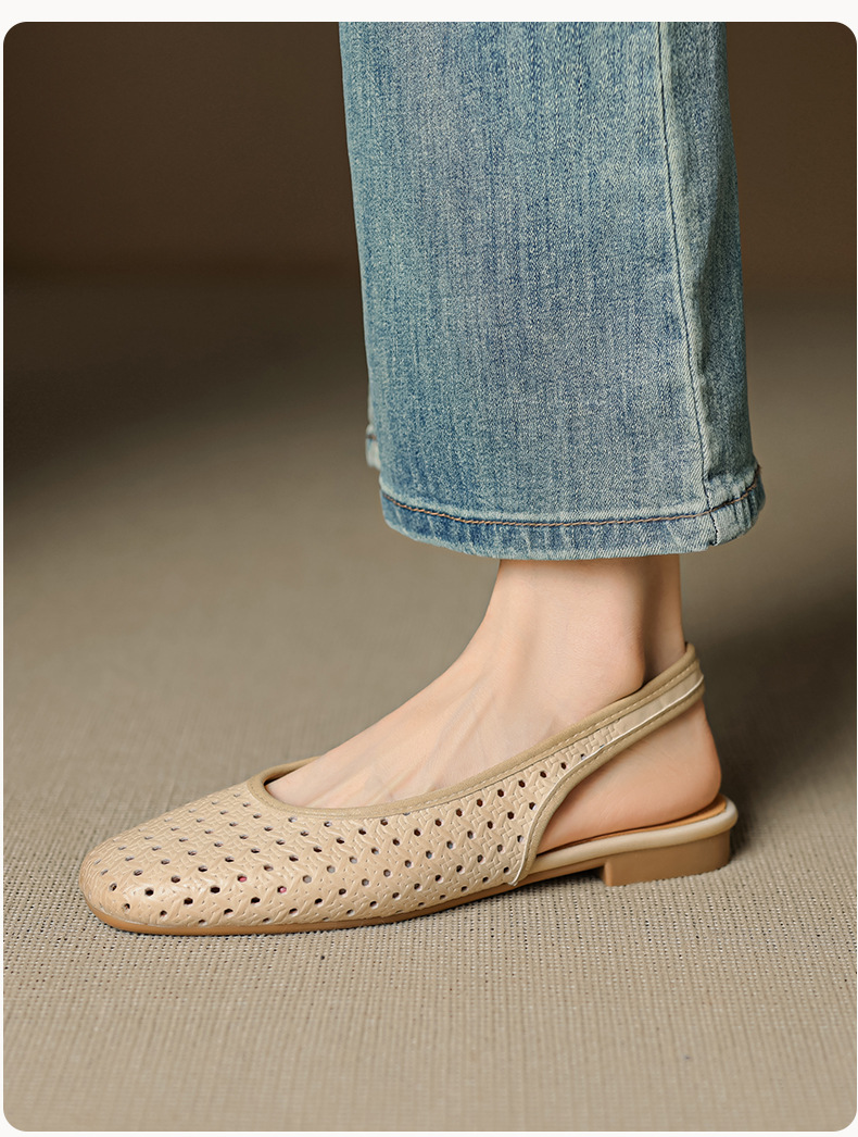 Sandal nữ đế bệt mũi bọc da bò, quai sau hở, phong cách vintage đan lỗ — đen chi tiết 15