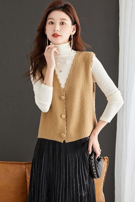 Tweed Style Knitted Vest Women's Vest Spring New Fashion with Skirt Sweater Outer Short Vest