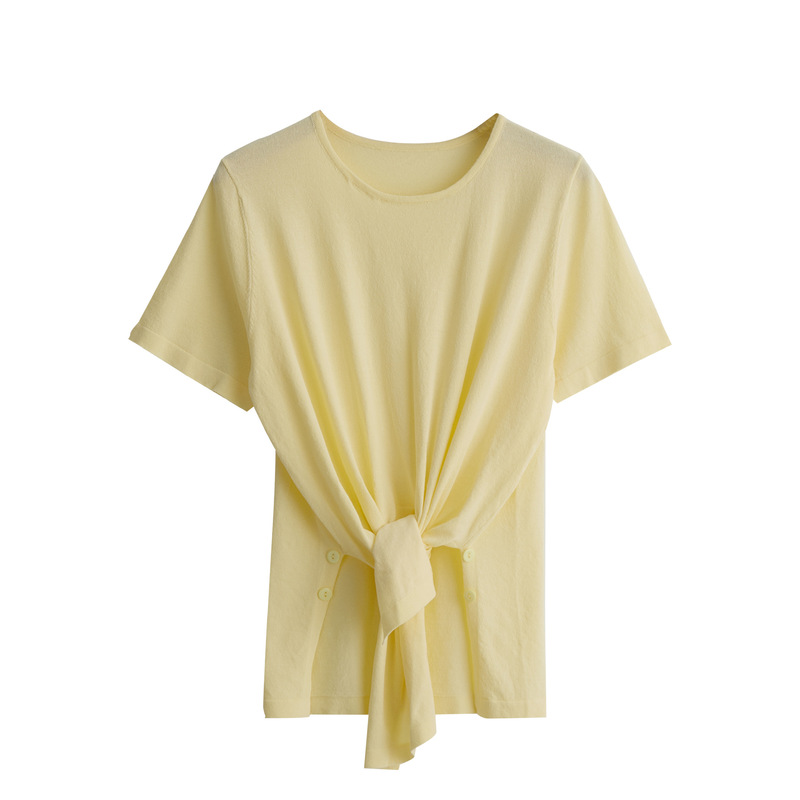 Ai Korean Design Strappy Linen Tencel Short-Sleeved Knitted T-Shirt Top for Women Summer Round Neck Simple and Versatile Thin Ai Korean Design Strappy Linen Tencel Short-Sleeved Knitted T-Shirt Top for Women Summer Round Neck Simple and Versatile Thin