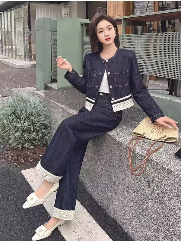 高端小香风套装2025爆款蕾丝花边外套阔腿裤两件套早秋穿搭一整套|undefined