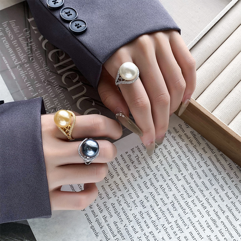 2024 nuevo estilo Zhuang Shengsheng joyería cobre chapado en platino perla retro mujer anillo abierto 14mm al por mayor