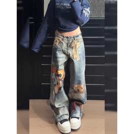 美式设计感小熊错视印花牛仔裤子男女复古做旧个性潮流拖地长裤