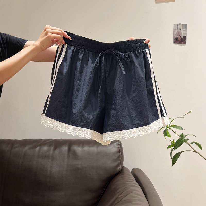 Dark Blue Super Stylish Lace-Trimmed Hem Shorts for Women, Summer Elastic High-Waisted Drawstring Slimming Sports Wide-Leg Hot Pants