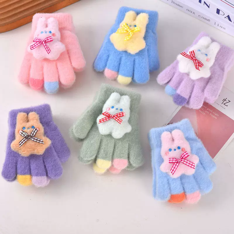 秋冬款可爱小兔子保暖手套女孩加厚防风全指手套儿童分指套男女童