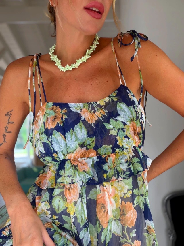 Bohemian Floral Print Spaghetti Strap Maxi Dress With Ruffle Hem, Relaxed Fit For Vacation & Daily Wear_ecoleips.com