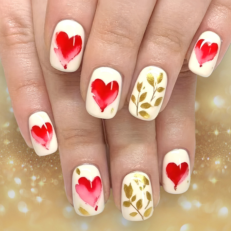 Valentine's Day New Cross-Border Heart Leaf Natural Style Manicure Wearable Nail Polish Short Square Type 24 Pieces Removable