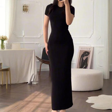 欧美风显身材长裙女夏季修身性感气质纯欲圆领短袖长款女装连衣裙