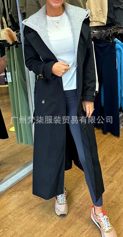 现货欧美2025秋冬亚马逊跨境新款连帽翻领假两件休闲长款风衣外套|undefined