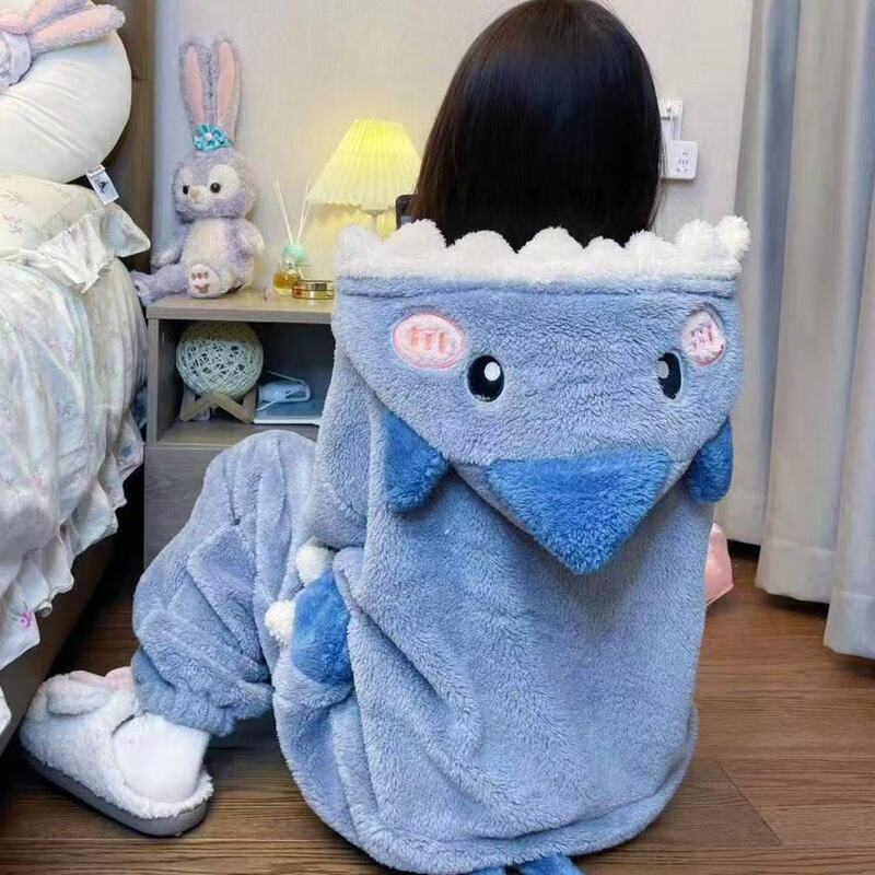 Autumn and Winter One-Piece Coral Velvet Cute Shark Pajamas for Women 2024 New Winter Internet Celebrity All-In-One Home Clothes