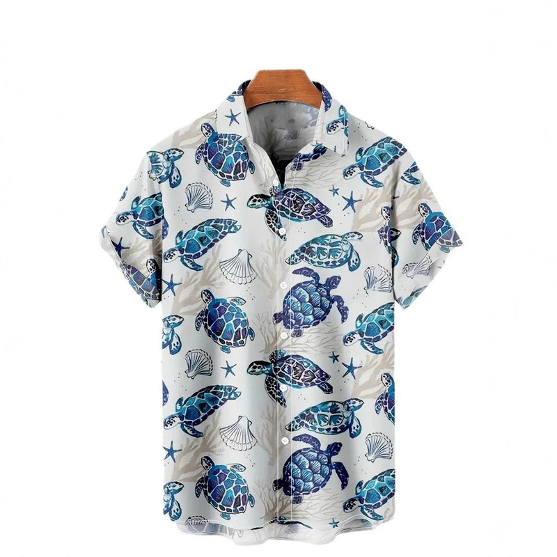 Amazon's hand-picked turtle shell 3D digital print summer men's beach vacation loose-fit collared short-sleeve shirt