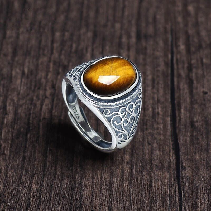 New Silver-Plated Tiger's Eye Stone Adjustable Men's Ring, Vintage Style, Natural, Gift-Friendly, Open Ring with a Golden Feel New Silver-Plated Tiger's Eye Stone Adjustable Men's Ring, Vintage Style, Natural, Gift-Friendly, Open Ring with a Golden Feel