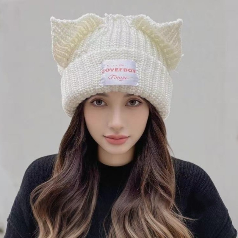 猪猪耳朵毛线帽子女秋冬季纯色加厚护耳保暖针织帽狐狸耳朵套头帽|undefined