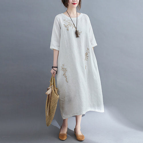 Vintage cotton hemp large embroidery pure Pullover dress