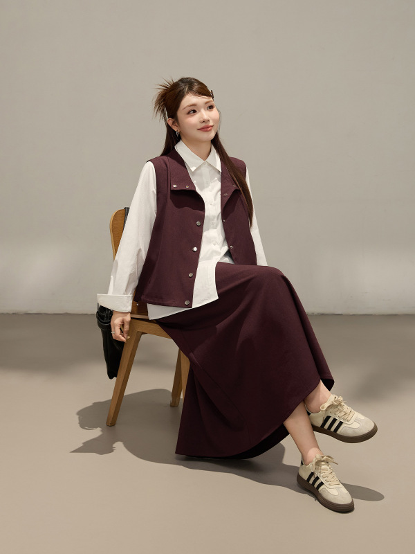 复古百搭立领马甲抽绳裙子秋装女装新款胖mm大码女装套装65493|undefined