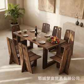 诧寂风老榆木餐桌椅组合酒店民宿餐厅长方形餐桌椅客咖啡厅休闲椅