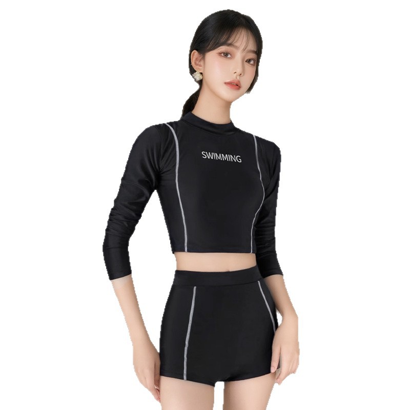 Traje de baño dividido para mujer, protector solar de manga larga, calzoncillos bóxer de secado rápido, traje de neopreno de medusa, snorkel, traje de baño deportivo de surf negro